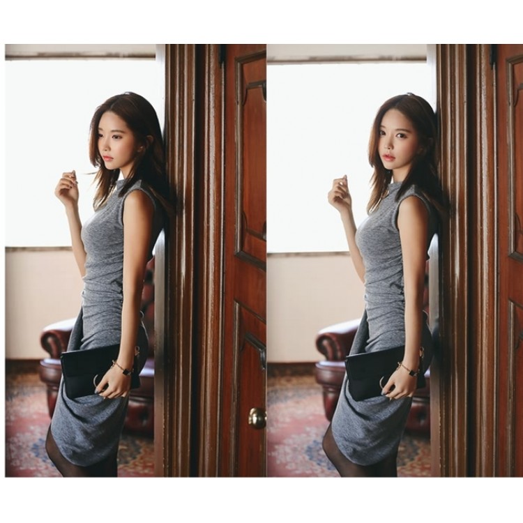 TE1274GJWL Koreanisches, modisches, schlankes, ärmelloses, unregelmäßiges Kleid mit Stehkragen