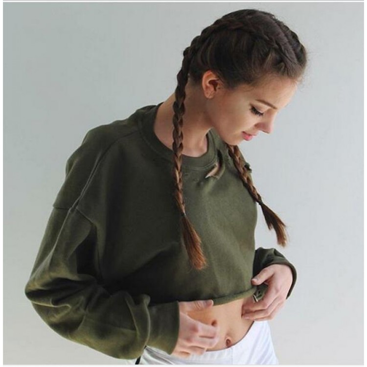 TE5176EQFS Euramerican Mode Löcher Fledermausärmel lose kurze Sweatshirt