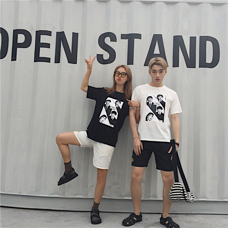 TE531XGM Kurzarm-Paar-T-Shirt mit Gesichtsaufdruck im Harajuku-Stil